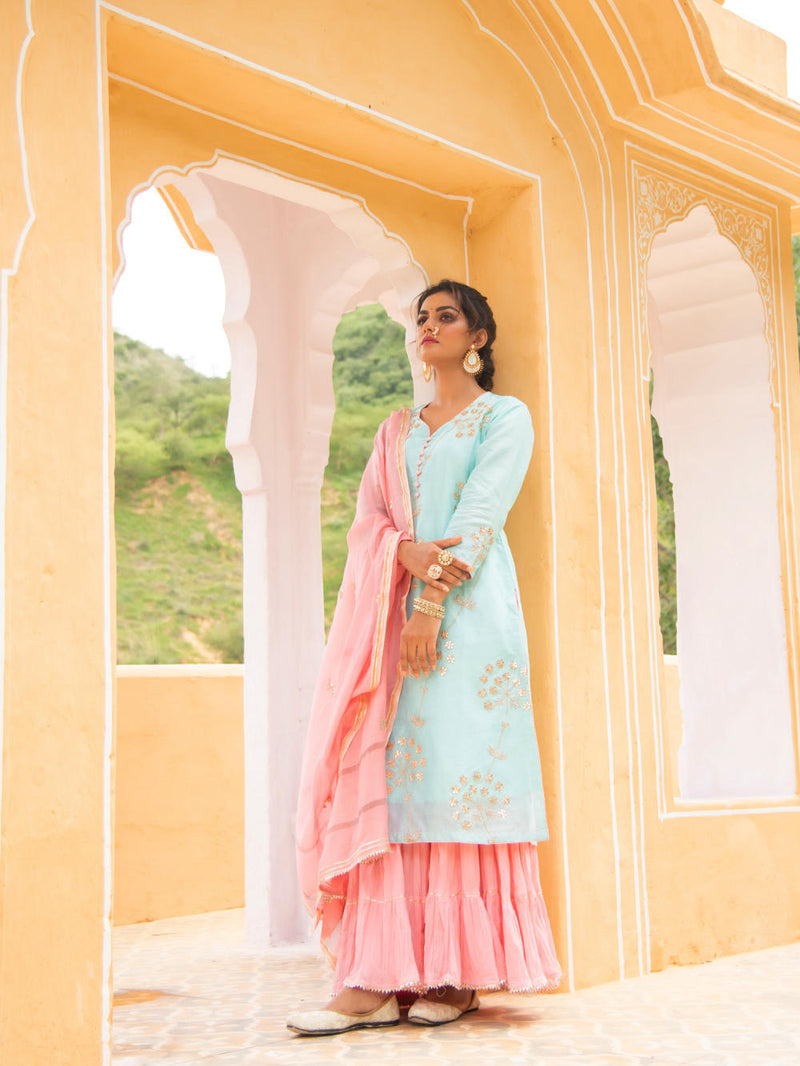 Noor - Neel Gulabi Sharara Set Kurta Sets by Maison Shefali for women Worldwide