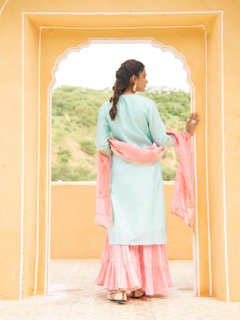 Noor - Neel Gulabi Sharara Set Kurta Sets by Maison Shefali for women Worldwide
