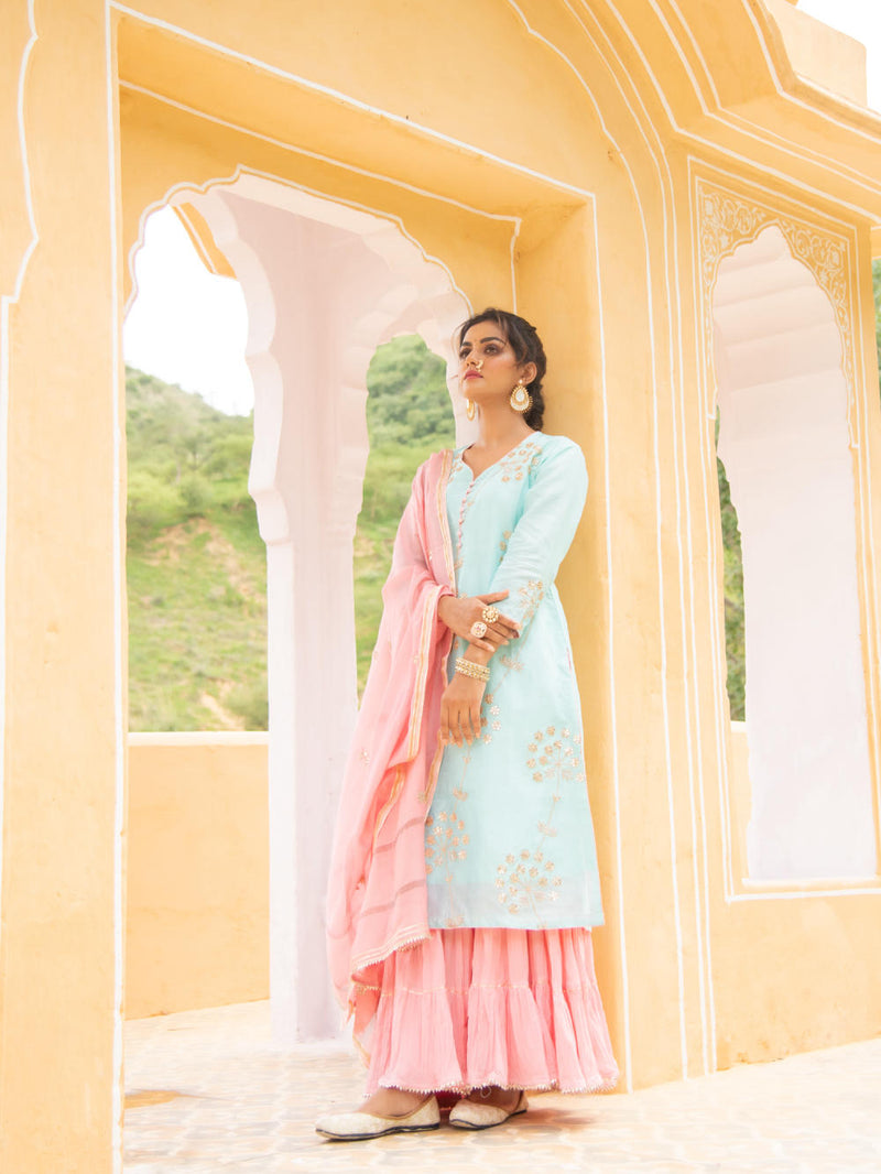 Noor - Neel Gulabi Sharara Set Kurta Sets by Maison Shefali for women Worldwide