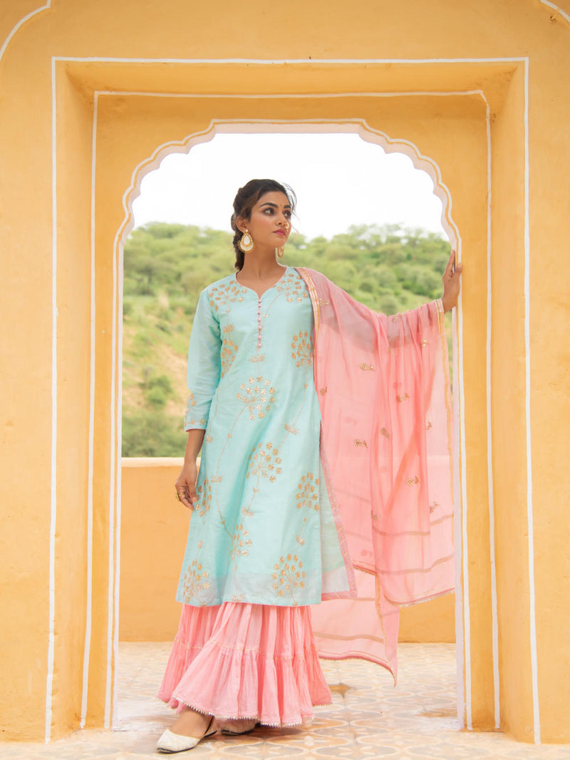 Noor - Neel Gulabi Sharara Set Kurta Sets by Maison Shefali for women Worldwide
