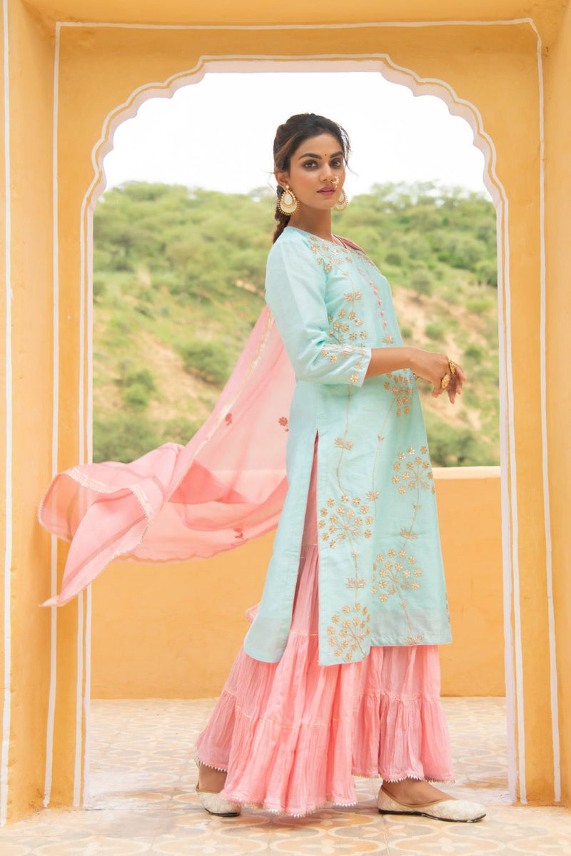 Noor - Neel Gulabi Sharara Set Kurta Sets by Maison Shefali for women Worldwide