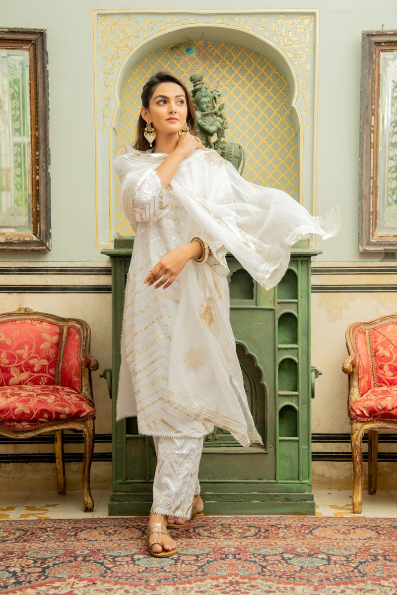 Noor Shwet - Gota Work Lehriya Set Kurta Sets by Maison Shefali for women Worldwide