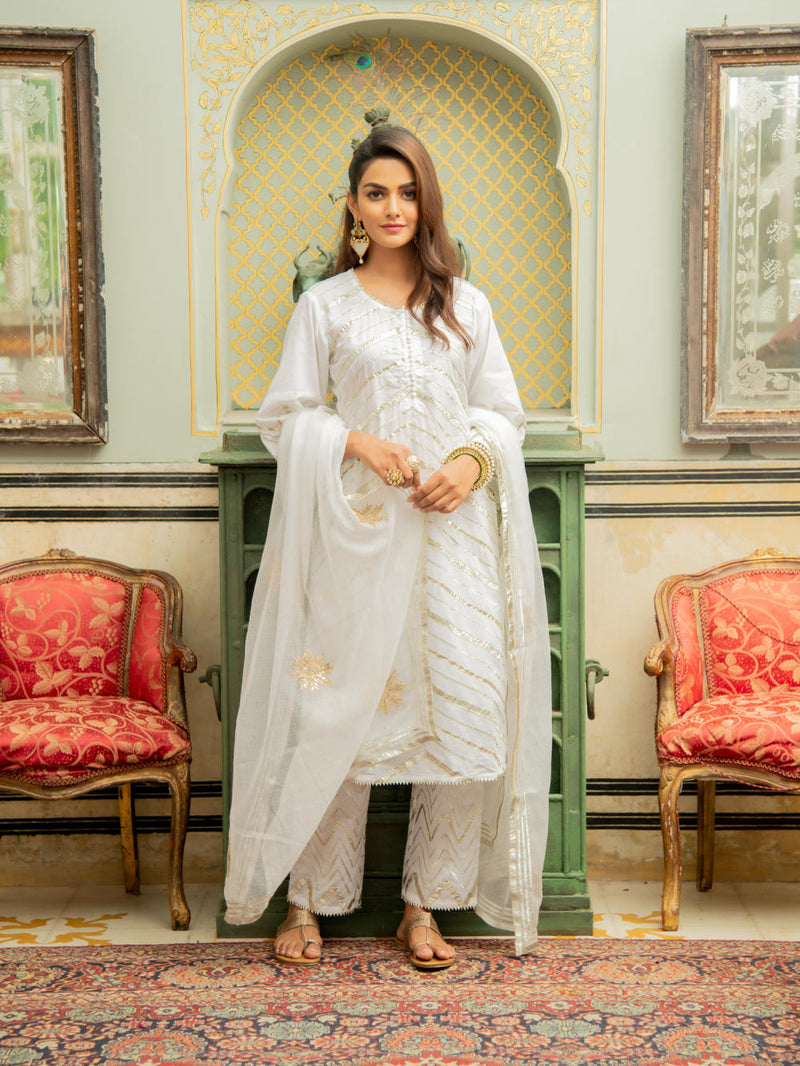 Noor Shwet - Gota Work Lehriya Set Kurta Sets by Maison Shefali for women Worldwide