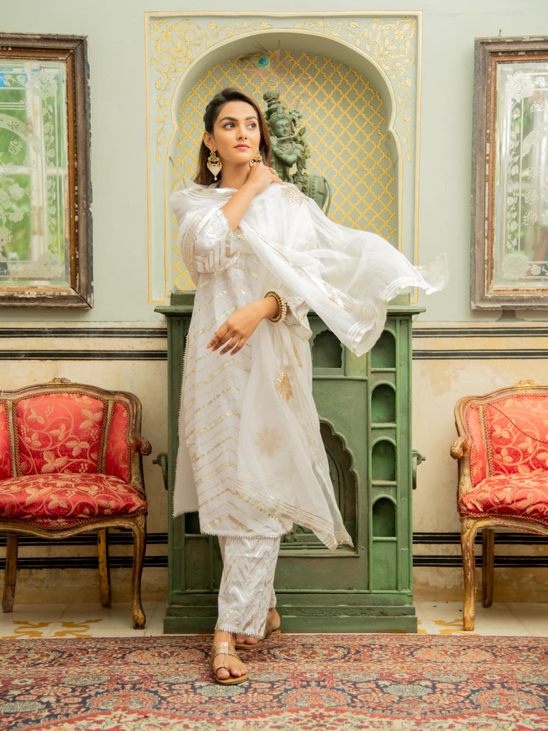 Noor Shwet - Gota Work Lehriya Set Kurta Sets by Maison Shefali for women Worldwide