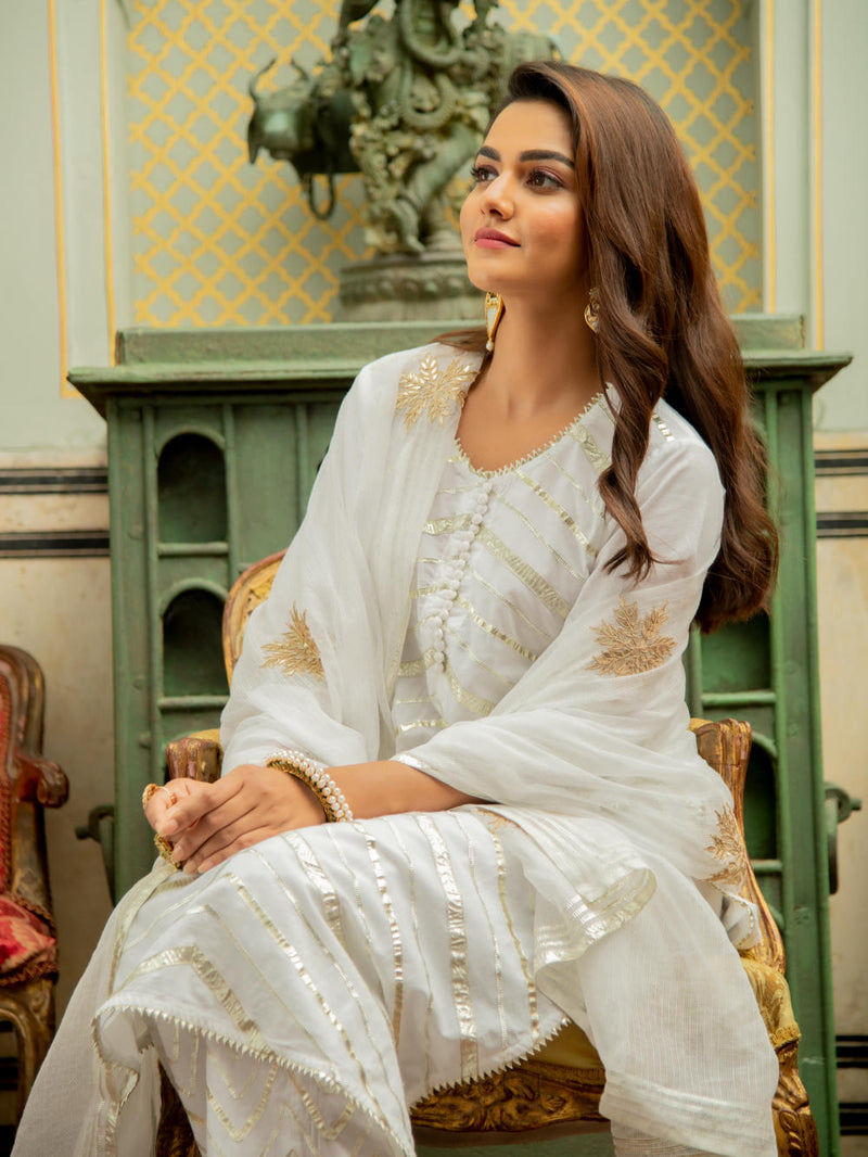 Noor Shwet - Gota Work Lehriya Set Kurta Sets by Maison Shefali for women Worldwide