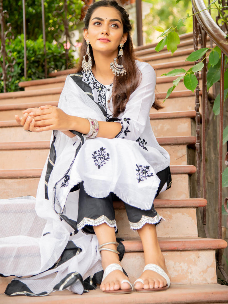 Noor - Shwet Kasida Mirror & Thread Work Set Kurta Sets by Maison Shefali for women Worldwide