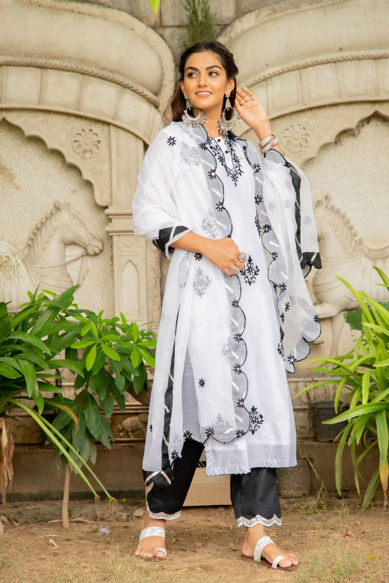 Noor - Shwet Kasida Mirror & Thread Work Set Kurta Sets by Maison Shefali for women Worldwide