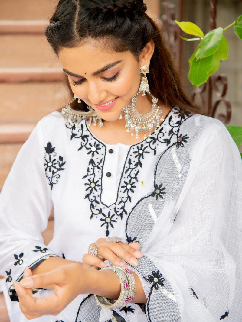 Noor - Shwet Kasida Mirror & Thread Work Set Kurta Sets by Maison Shefali for women Worldwide