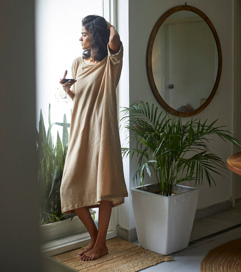 Oatmeal Kaftan Lounge Wear by Khara Kapas for women Worldwide