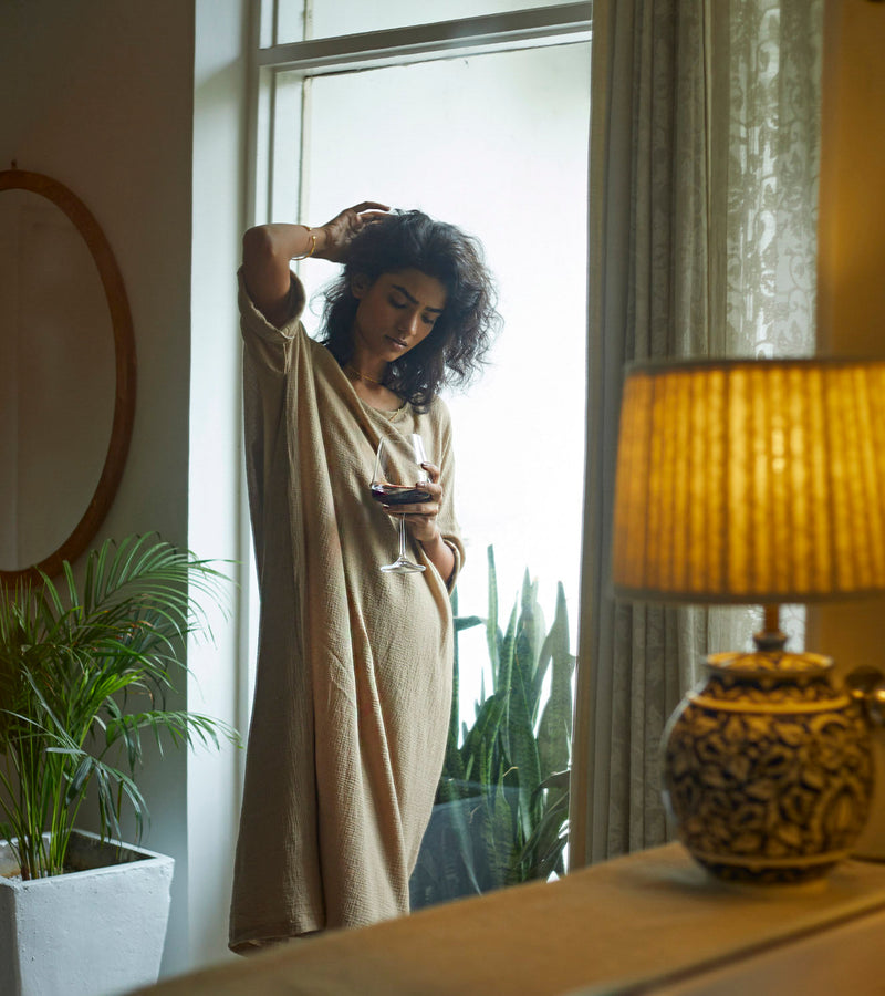 Oatmeal Kaftan Lounge Wear by Khara Kapas for women Worldwide