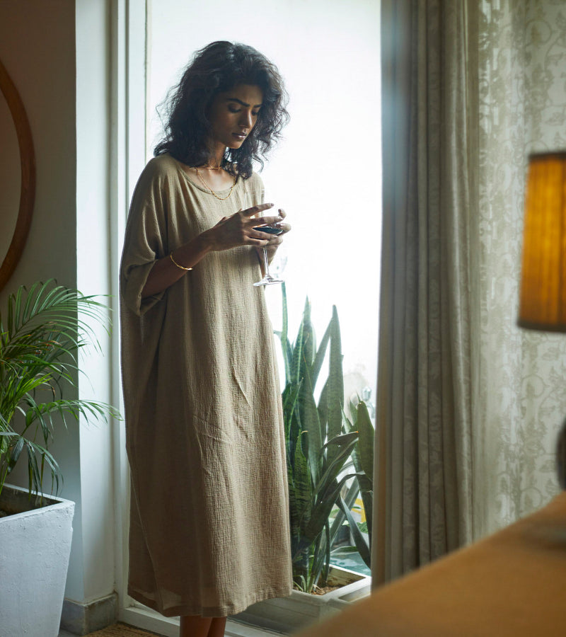 Oatmeal Kaftan Lounge Wear by Khara Kapas for women Worldwide