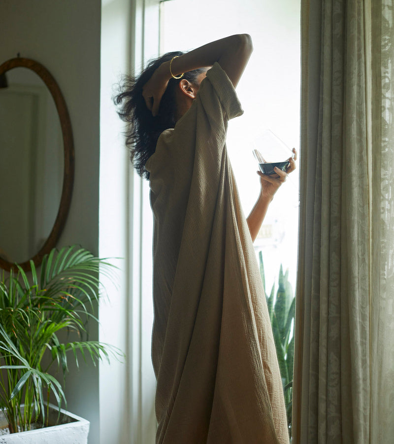 Oatmeal Kaftan Lounge Wear by Khara Kapas for women Worldwide