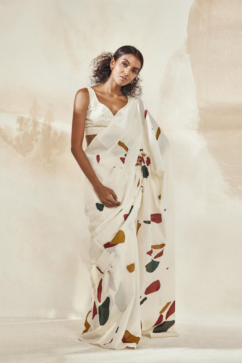 Olio Mosaic Saree Sarees by Khara Kapas in white for women Worldwide