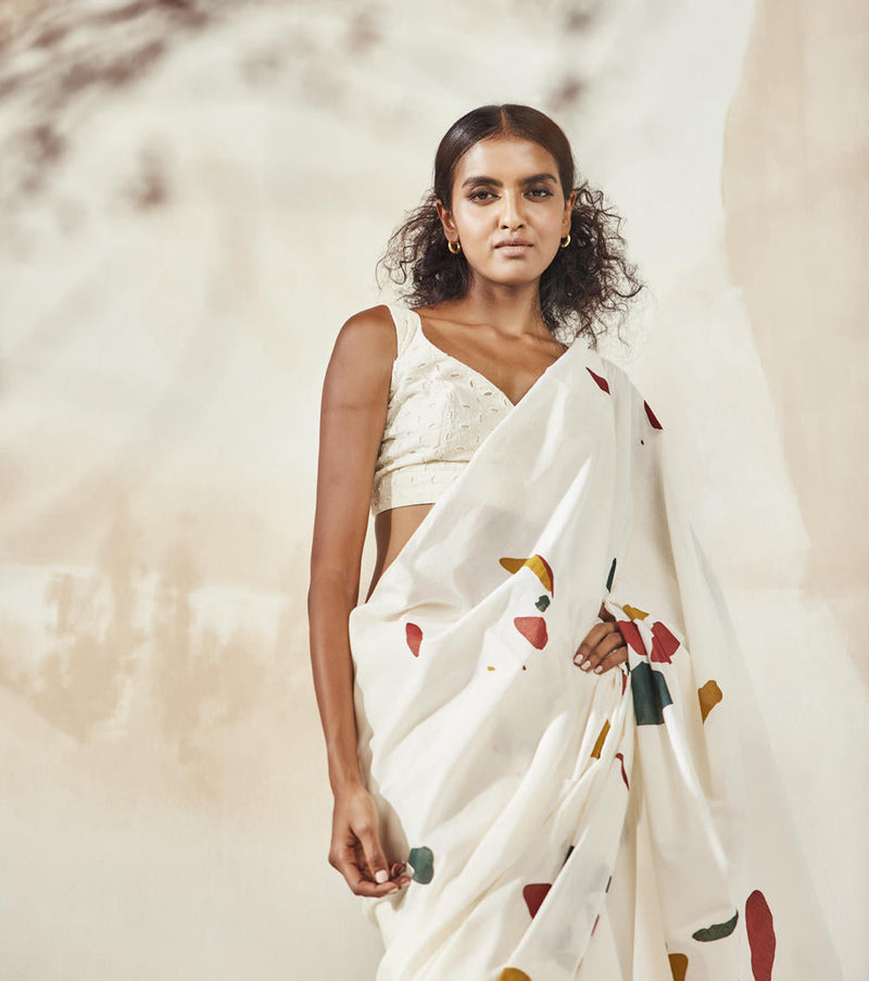 Olio Mosaic Saree Sarees by Khara Kapas in white for women Worldwide