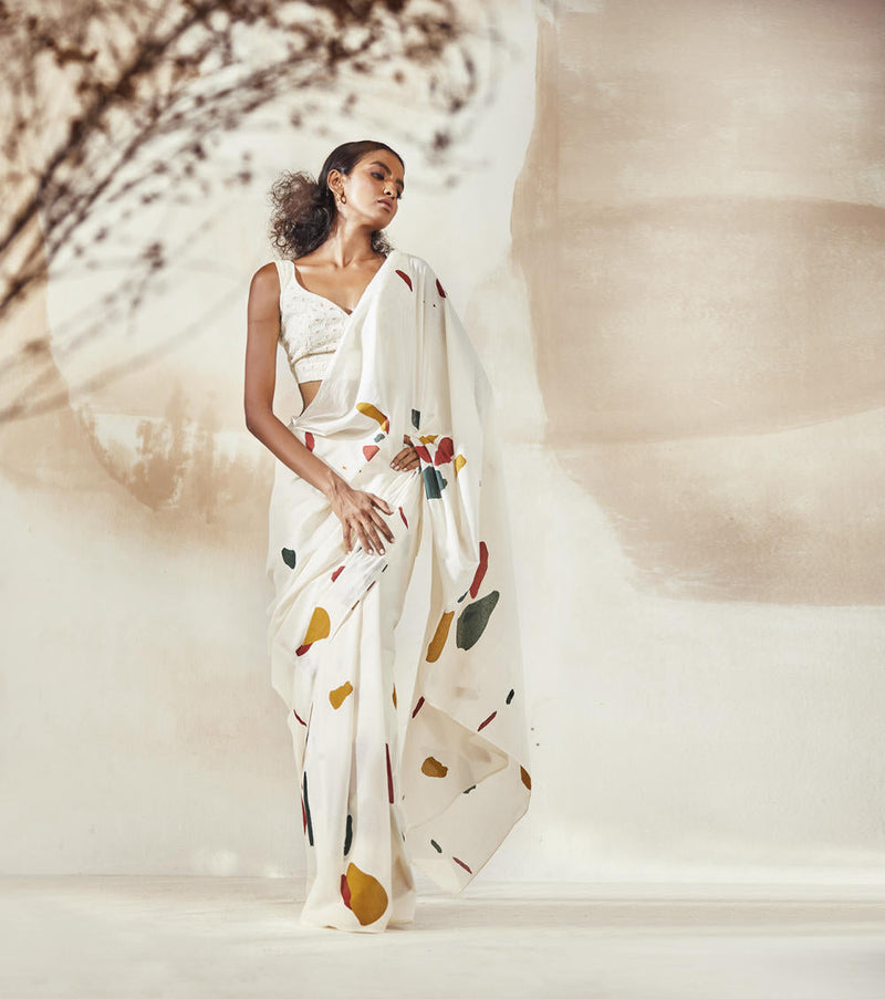 Olio Mosaic Saree Sarees by Khara Kapas in white for women Worldwide