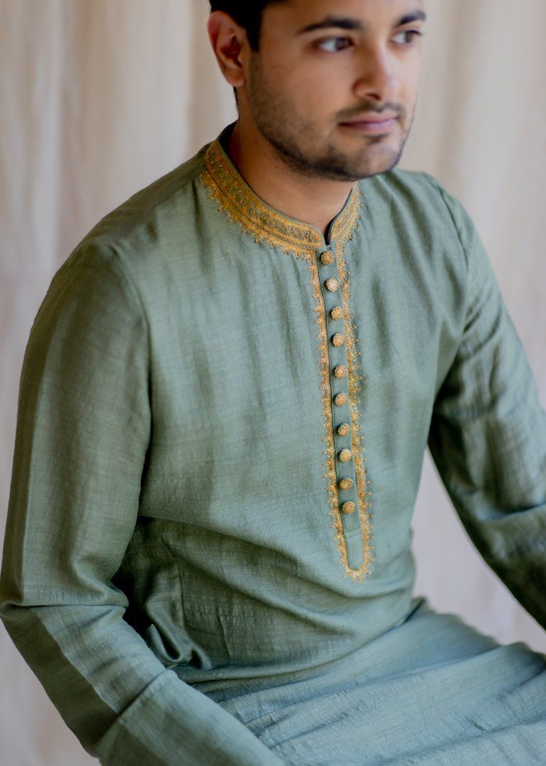 Olive Nawab Kurta by Nirjara Men for men Worldwide