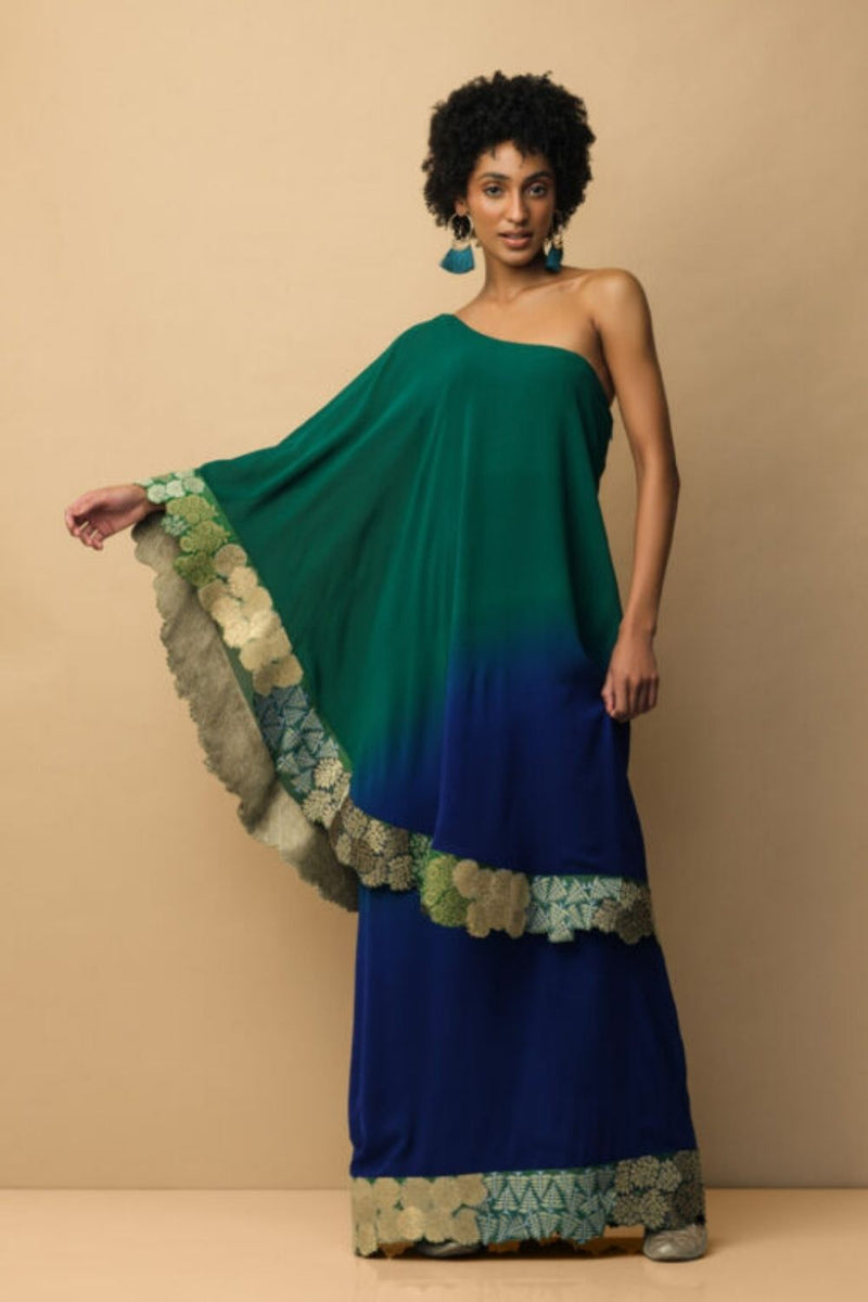 Ombre Banaras Bloom Toga dress Emerald Green & Royal Blue Indo-Western Wear by Mallika Mathur for women Worldwide
