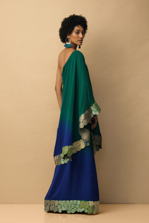 Ombre Banaras Bloom Toga dress Emerald Green & Royal Blue Indo-Western Wear by Mallika Mathur for women Worldwide