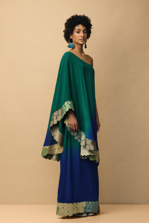 Ombre Banaras Bloom Toga dress Emerald Green & Royal Blue Indo-Western Wear by Mallika Mathur for women Worldwide