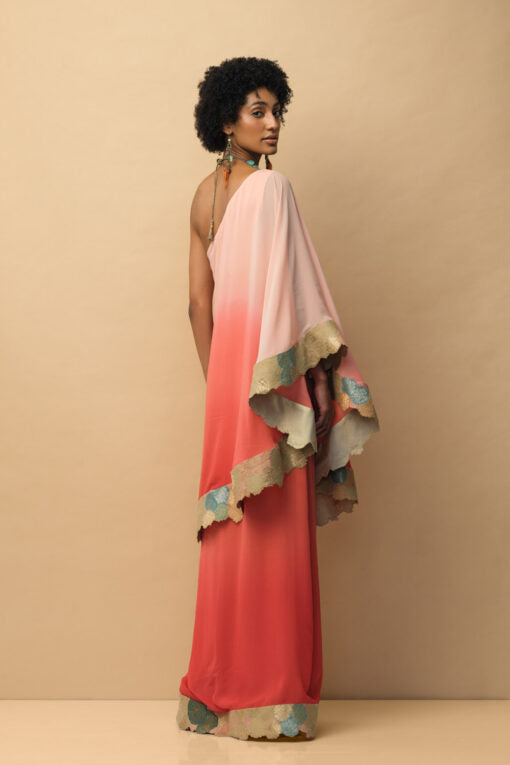 OMBRÈ Banaras Bloom Toga Dress Peach & Coral Indo-Western Wear by Mallika Mathur for women Worldwide