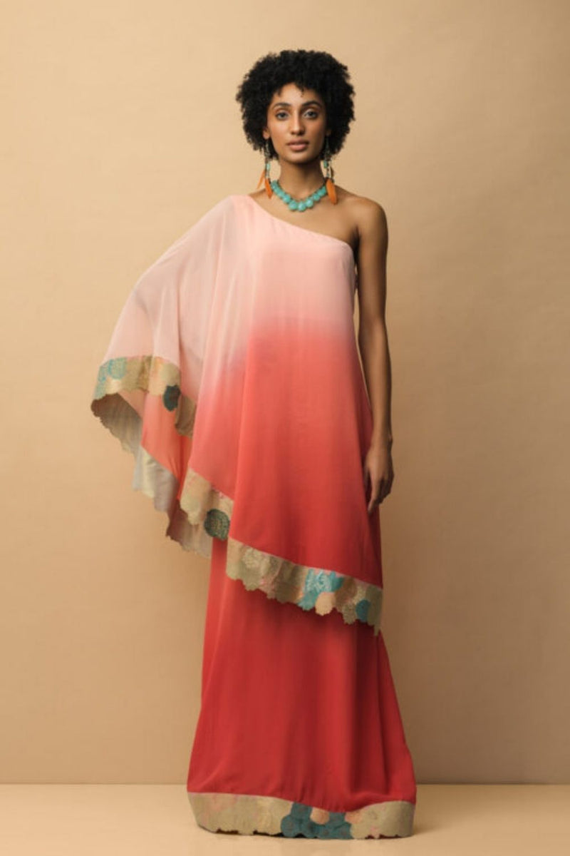 OMBRÈ Banaras Bloom Toga Dress Peach & Coral Indo-Western Wear by Mallika Mathur for women Worldwide
