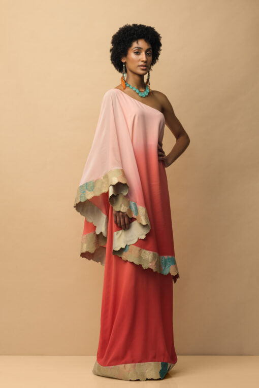 OMBRÈ Banaras Bloom Toga Dress Peach & Coral Indo-Western Wear by Mallika Mathur for women Worldwide