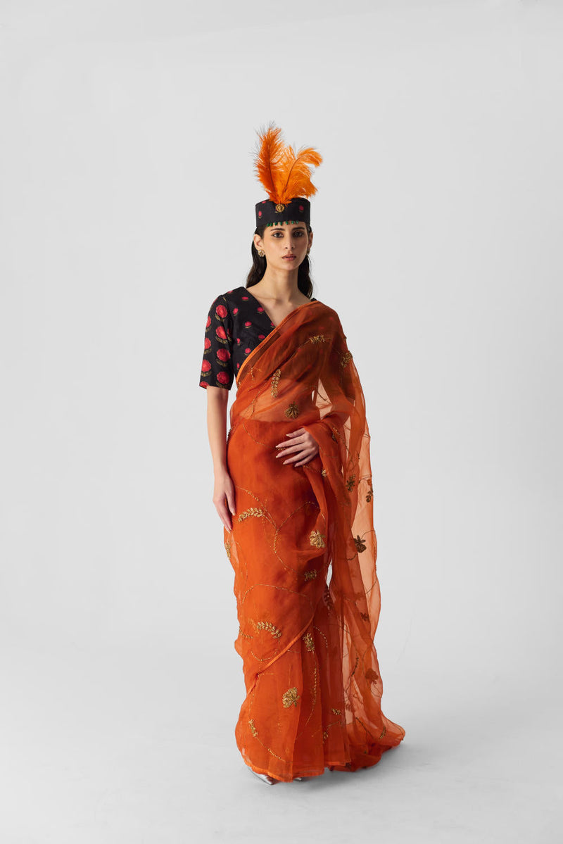 ORANGE EMBROIDERED SAREE organza by Yam in orange color for women Worldwide