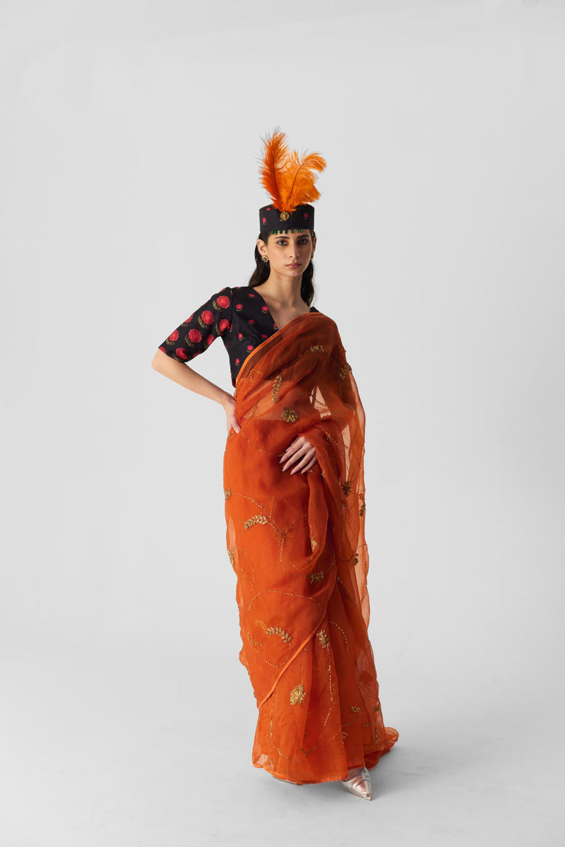 ORANGE EMBROIDERED SAREE organza by Yam in orange color for women Worldwide