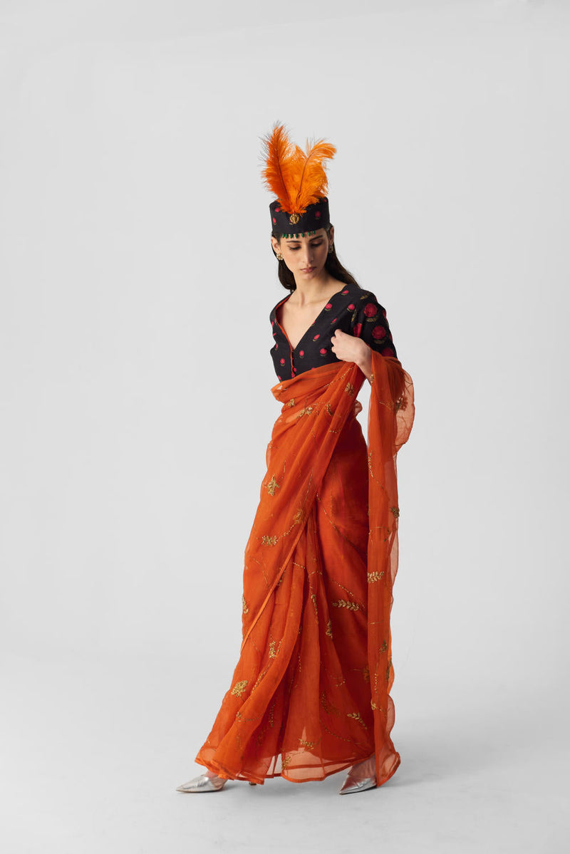 ORANGE EMBROIDERED SAREE organza by Yam in orange color for women Worldwide