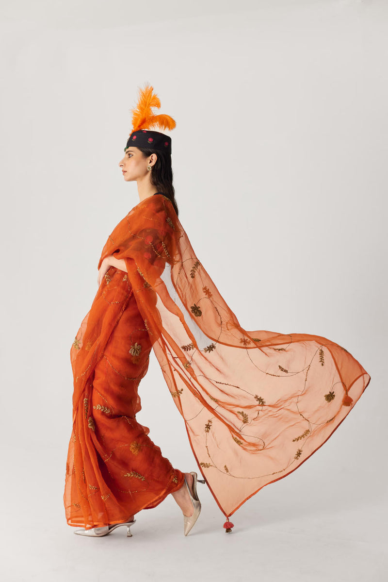 ORANGE EMBROIDERED SAREE organza by Yam in orange color for women Worldwide