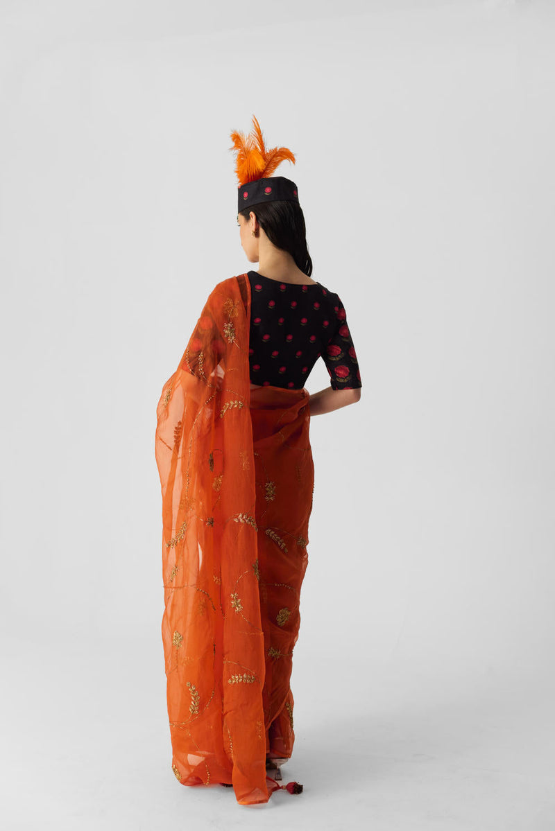 ORANGE EMBROIDERED SAREE organza by Yam in orange color for women Worldwide