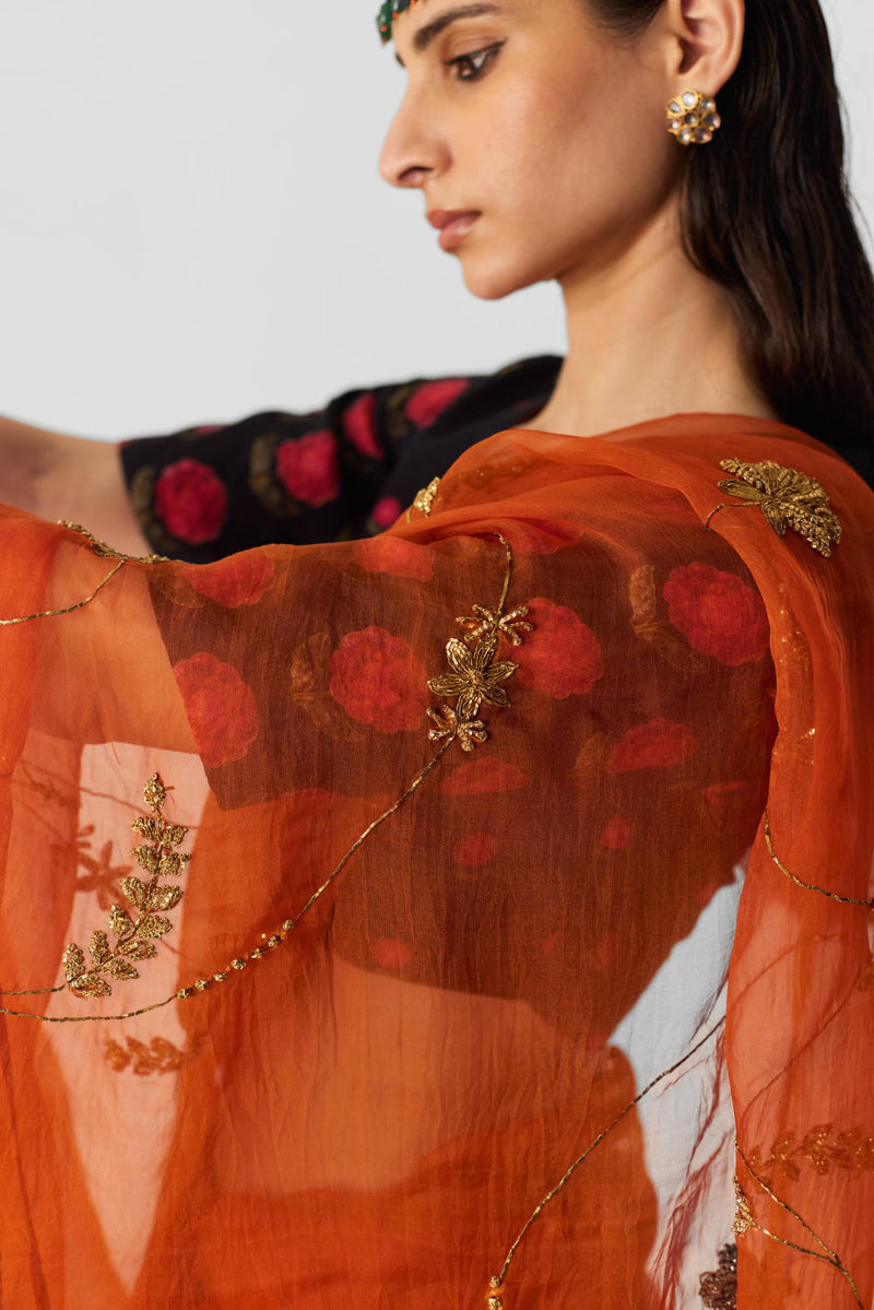 ORANGE EMBROIDERED SAREE organza by Yam in orange color for women Worldwide
