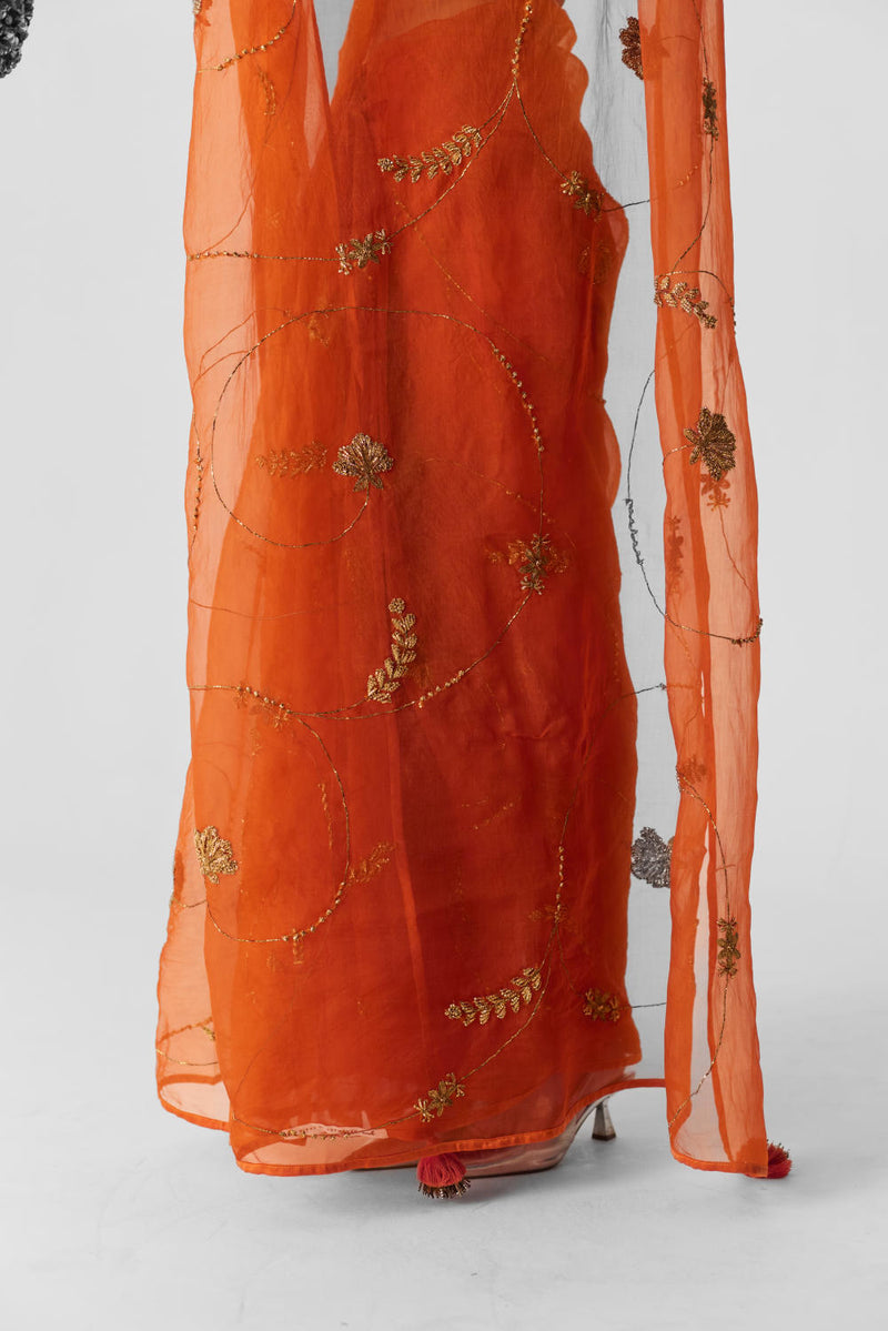 ORANGE EMBROIDERED SAREE organza by Yam in orange color for women Worldwide