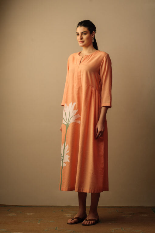 Peony Flower Appliqué Dress Peach Top & Tunics,Dress by Mallika Mathur for women Worldwide