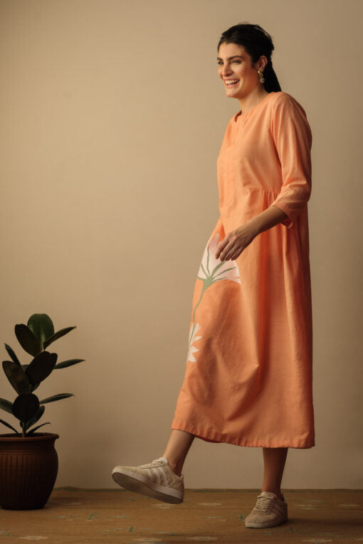 Peony Flower Appliqué Dress Peach Top & Tunics,Dress by Mallika Mathur for women Worldwide
