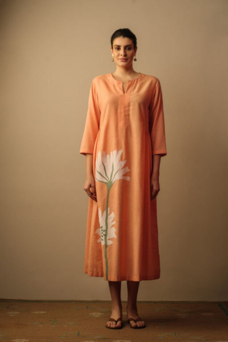 Peony Flower Appliqué Dress Peach Top & Tunics,Dress by Mallika Mathur for women Worldwide