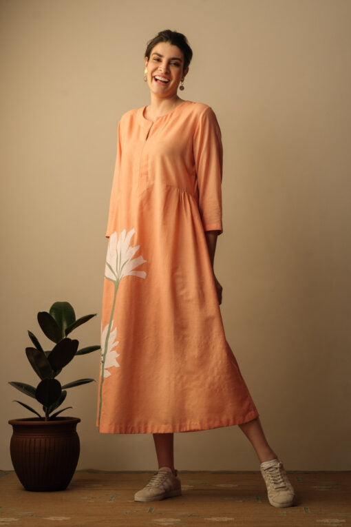 Peony Flower Appliqué Dress Peach Top & Tunics,Dress by Mallika Mathur for women Worldwide
