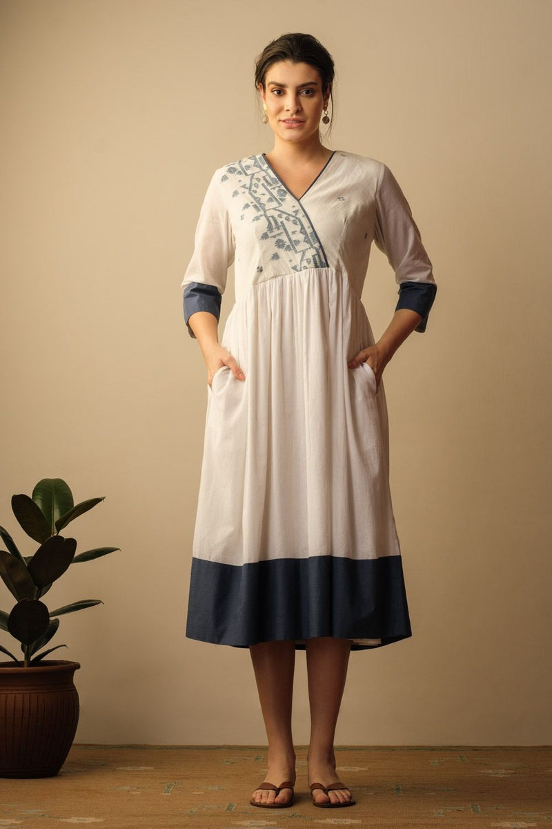 Peshwaz Jamdani Dress Ivory & Indigo Top & Tunics,Dress by Mallika Mathur for women Worldwide
