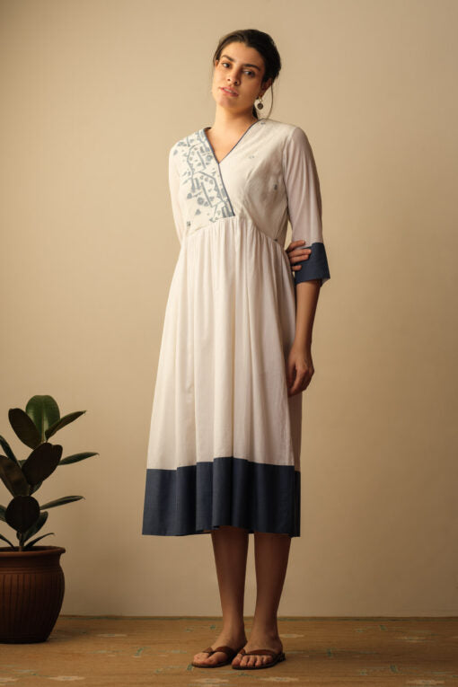 Peshwaz Jamdani Dress Ivory & Indigo Top & Tunics,Dress by Mallika Mathur for women Worldwide