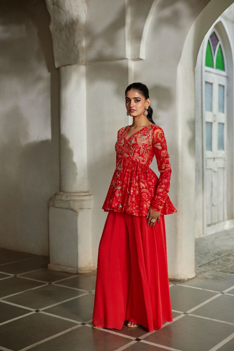 PH-2839 Noci Peplum Set by Paulmi & Harsh in red color for women Worldwide
