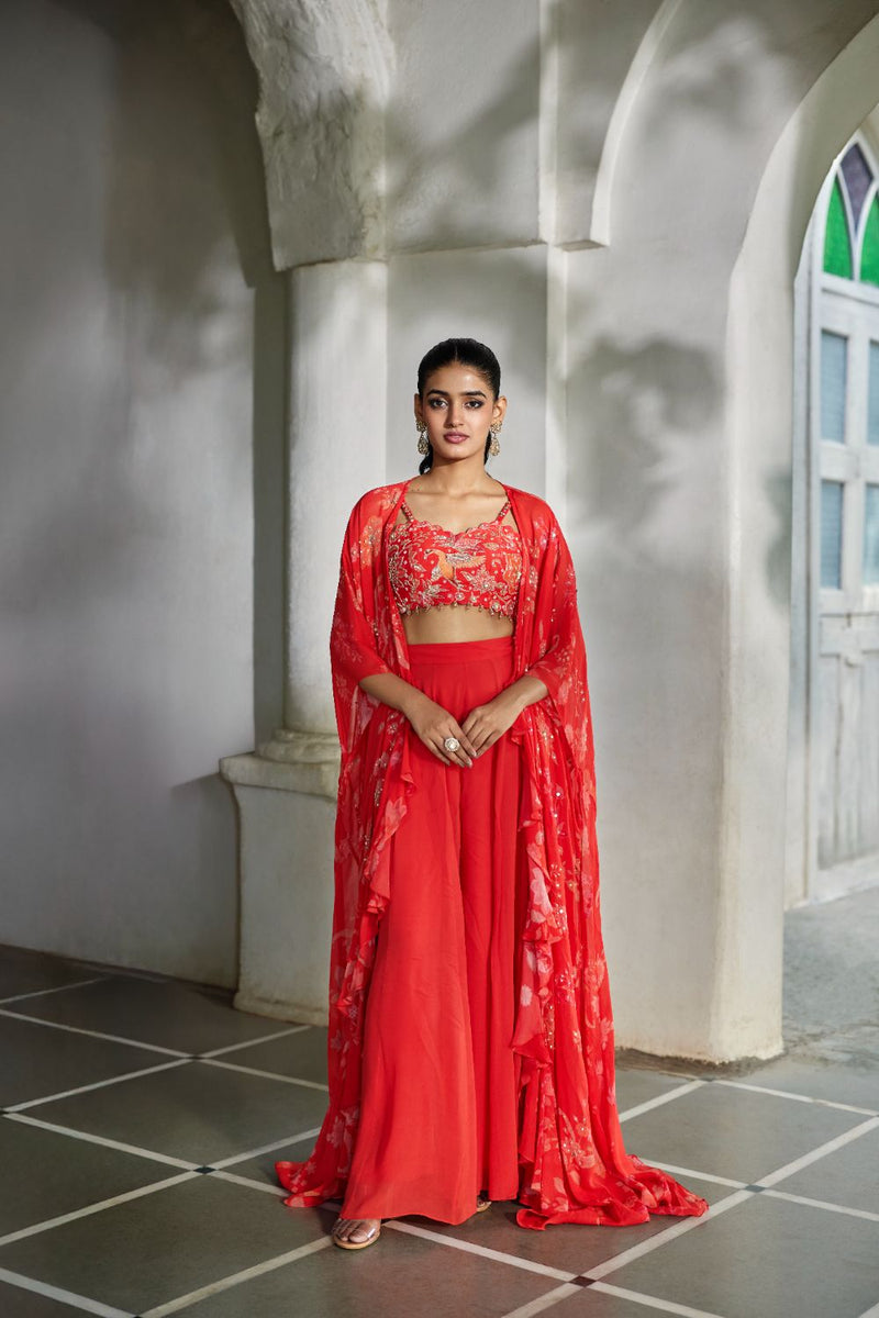 PH-2853 Nunu Jacket Palazzo Set by Paulmi & Harsh in red color for women Worldwide