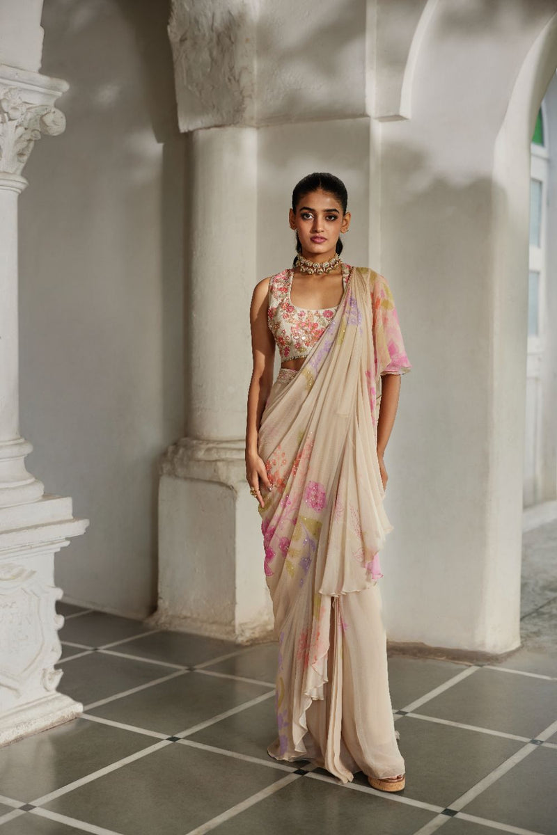 PH-2866 Ceres Saree Set chiffon by Paulmi & Harsh in ivory color for women Worldwide