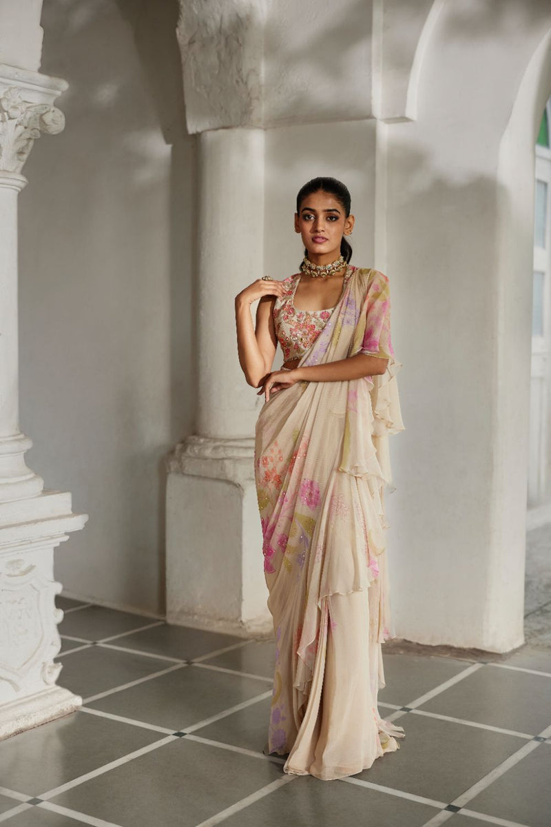 PH-2866 Ceres Saree Set chiffon by Paulmi & Harsh in ivory color for women Worldwide