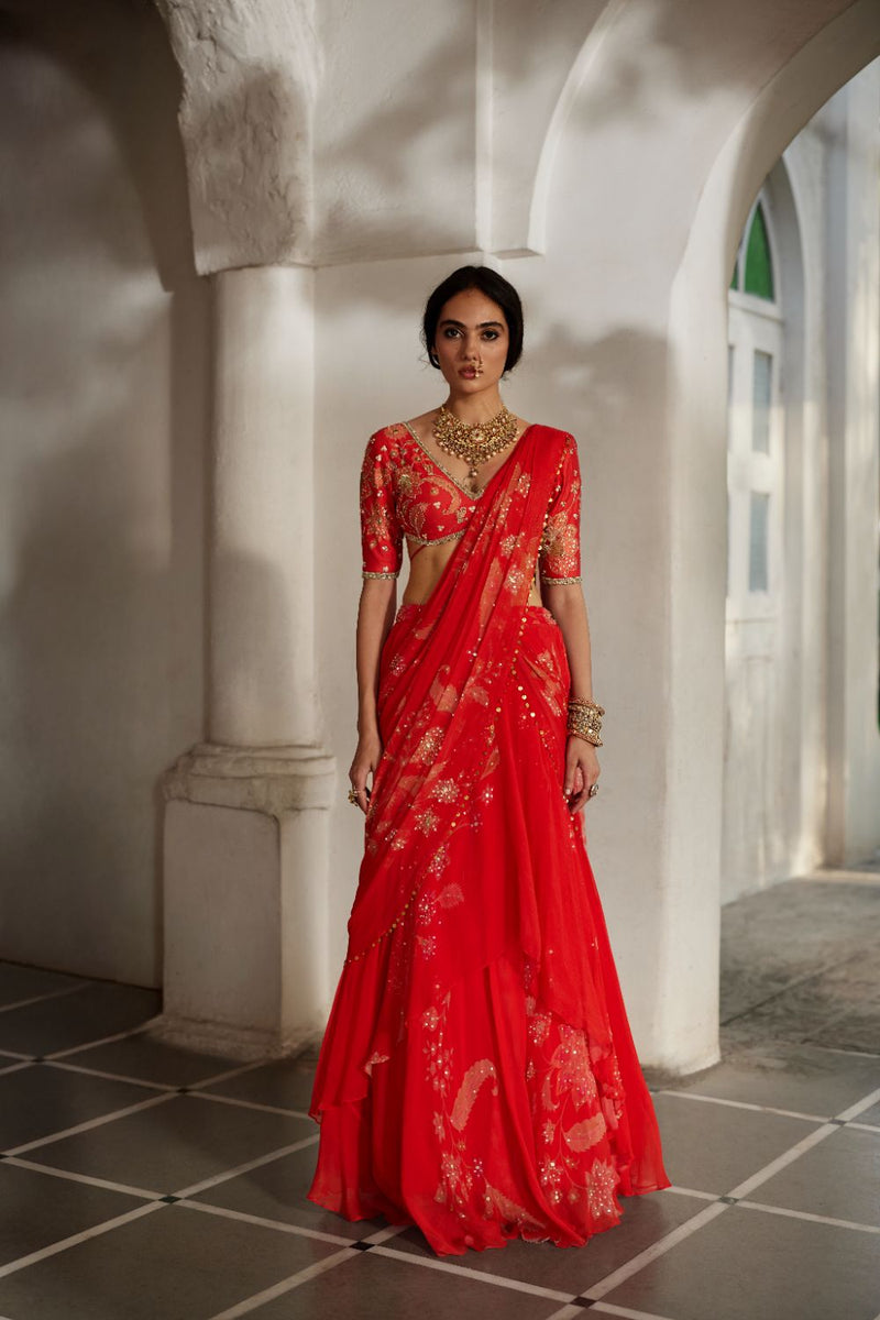PH-2869 Lia Saree Set by Paulmi & Harsh in red color for women Worldwide