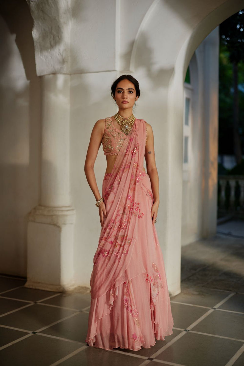 PH-2882 Kiri Saree Set chiffon by Paulmi & Harsh in pink color for women Worldwide