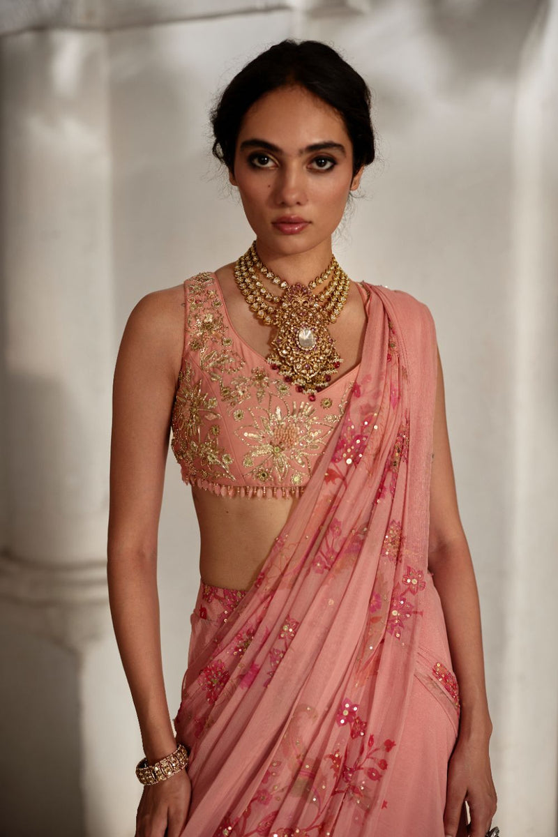 PH-2882 Kiri Saree Set chiffon by Paulmi & Harsh in pink color for women Worldwide