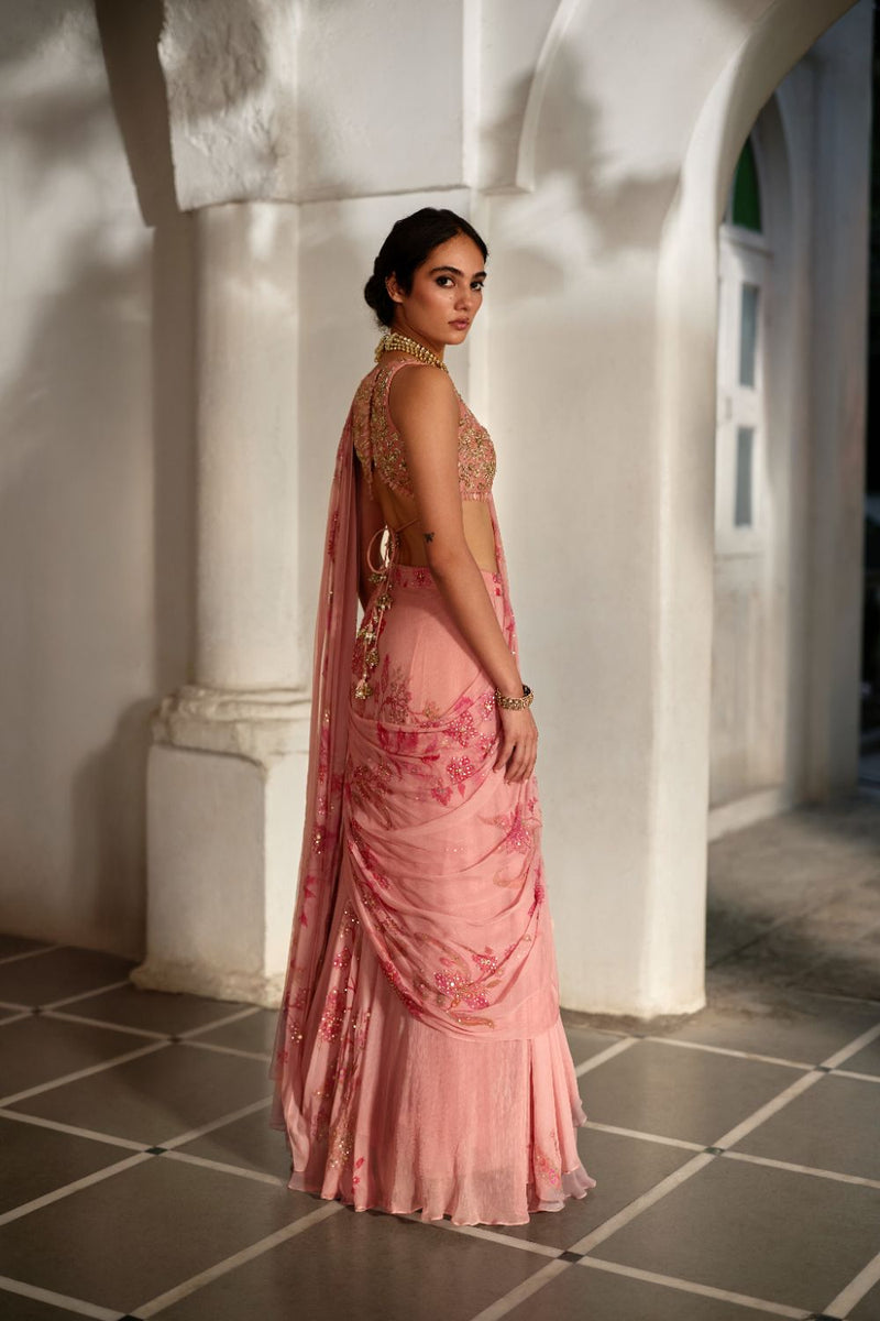 PH-2882 Kiri Saree Set chiffon by Paulmi & Harsh in pink color for women Worldwide