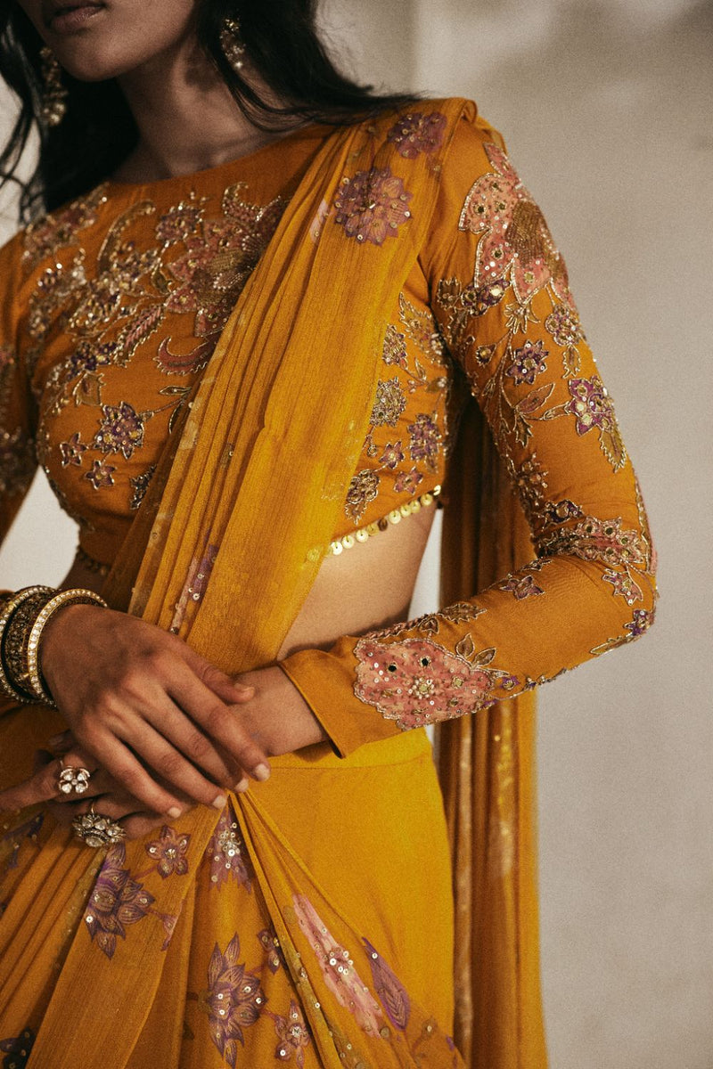PH-2891 Moon Saree Set chiffon by Paulmi & Harsh in gold color for women Worldwide
