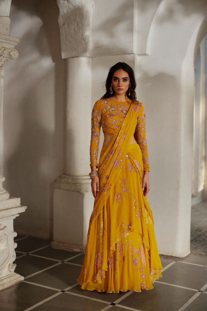 PH-2891 Moon Saree Set chiffon by Paulmi & Harsh in gold color for women Worldwide