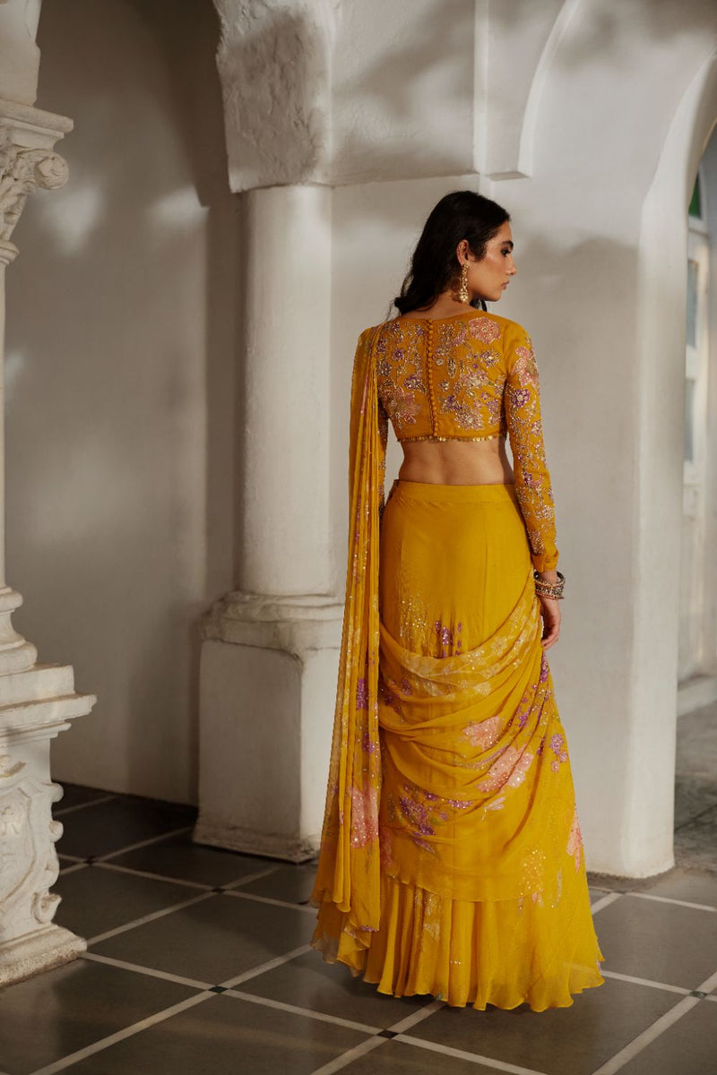 PH-2891 Moon Saree Set chiffon by Paulmi & Harsh in gold color for women Worldwide